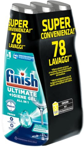 Finish Quantum + Higiene, detergente lavavajillas recomendado por Napisan, gel para lavavajillas, 78 lavados, 1 paquete de 26 lavados de líquido lavavajillas