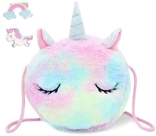Voarge Umhängetasche Einhörner für Mädchen, Kleine Plüsch-Schultertasche, Einhorn-Rucksack, Rosa Blau, Staub-Blau, Small