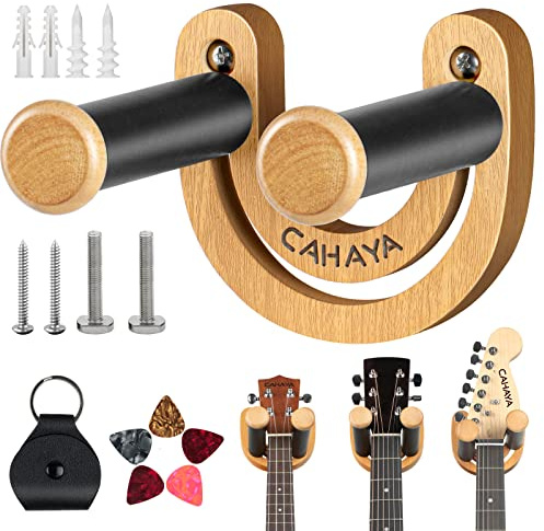 CAHAYA Gitarren-Wandhalterung mit verstellbarem U-förmigem Haken mit 5 Plektren und 1 Plektrentasche für Akustik-E-Bass-Banjo-Ukulele-Mandoline CY0297