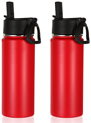 Volhoply Botella de agua aislada para niños de 18 onzas, botellas de agua de acero inoxidable con tapa de pajita, frasco de viaje deportivo de boca ancha para bebidas frías (rojo, juego de 2)