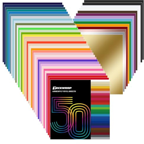 TECKWRAP 50 Pack 12 x 12 Permanent Adhesive Vinyl Sheets 48 Assorted Colors (Glossy & Matte) with 2 Transfer Tape for DIY Crafting, Decor Sticker Compatible with Cutting Machines