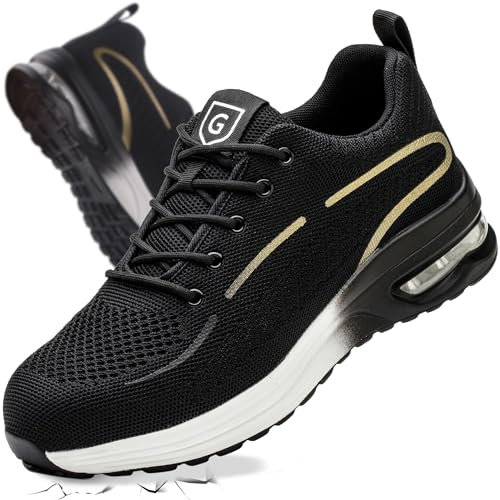 YEKOYIOO Arbeitsschuhe Herren Damen Sicherheitsschuhe mit Luftpolster Leicht rutschfest Bequeme Atmungsaktive StahlkappenSchuhe Geeignet für Küchen,Baustellen,Wandern,Bergsteigen,Fabriken Gold 39EU
