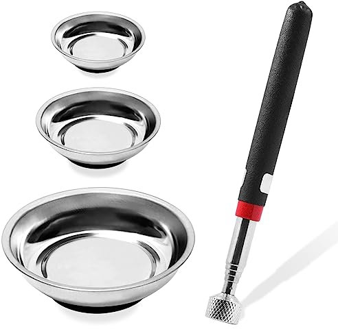 Glarks 4 bandejas magnéticas para herramientas con juego de herramientas de recogida magnética, cuencos magnéticos redondos de 3 pulgadas, 4 pulgadas, 6 pulgadas, pernos de metal, piezas de metal