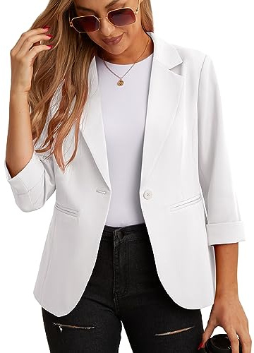 GRECERELLE Blazer elegante para mujer, chaqueta de manga 3/4, para negocios, casual, trabajo, oficina, chaqueta tipo blazer para traje y blazers, cárdigans con bolsillos y botón para mujer, blanco, 46