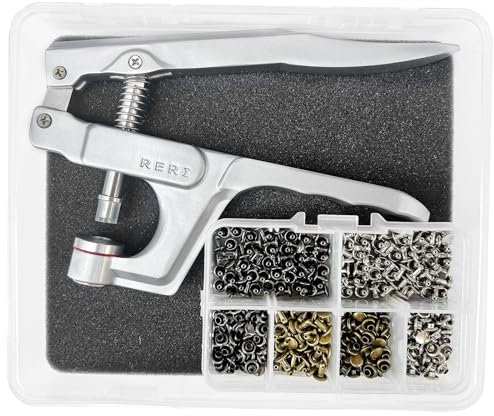 RERI Set di borchie in pelle con pinza, 8 mm, in metallo, doppio tappo a pressione, per lavori fai da te, riparazioni, fatti a mano, abbigliamento fai da te (confezione)