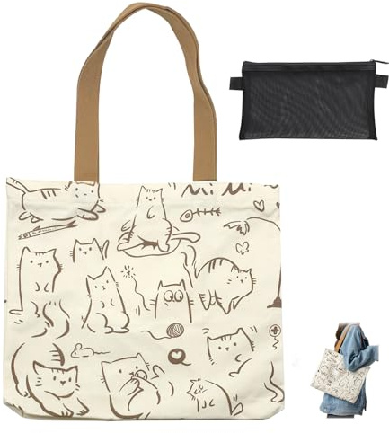 Bolso de Lona Mujer, Tote Bag Tela de Gato Lindos y Grandes Reutilizables Bolsa de Tela con Cremallera Bolsas para Compra con Bolsa de Red para Compras de Viajes de Playa de Trabajo Escolar (Beige)