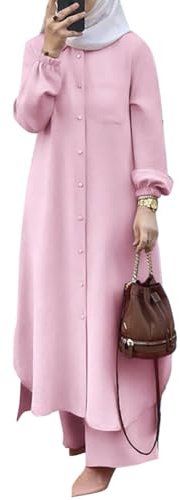 Abaya Dress for Women Abayas Plus Size Long Sleeve Ethnic Shirts Dress Turn-Down Collar Shirt Wide Leg Pants Muslim Clothes for Women 2 Piece Set Eid Ramadan Prayer Outfits Kaftan Dresses Pink M
