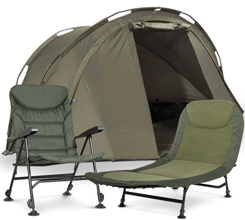 Dellonda Fishing Bivvy Carp Tent Lightweight 2-Man Waterproof & UV Protection with Fishing/Camping Chair & Adjustable Bedchair Fleece Mattress - DL143