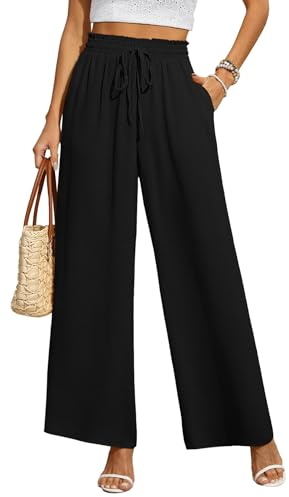 BEIGAI Pantaloni da donna ampi, larghi, taglio dritto, Palazzo, a vita alta, elasticizzati, Lounge, eleganti, con tasche, Nero , XL