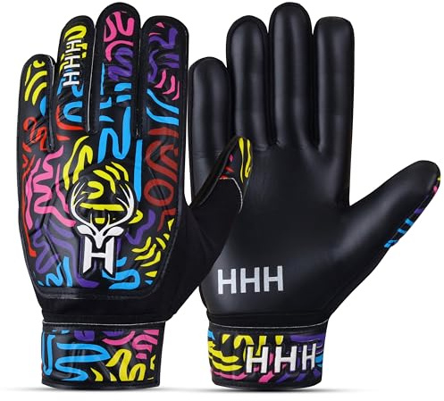 HHH Torwarthandschuhe für Kinder und Jugendliche, Latex-Handfläche, Starker Grip, Atmungsaktiv, Verstellbare Handgelenkstütze, Schwarz (Größe 8 (M/L))