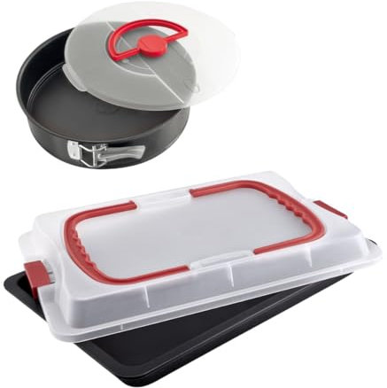Dr Oetker 9922850 Ensemble de 2 plaques de cuisson avec couvercle, Plaque de cuisson, moule à manqué couvercle, moule gateau rond, moule à charnière, plaque de four, Acier, 42 x 29 x 4 cm et 26 x 7 cm