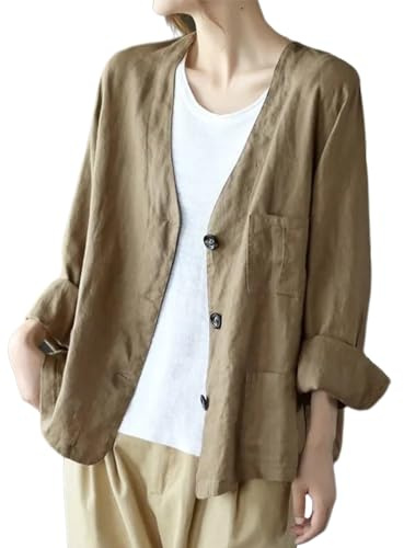 IDEALSANXUN Linen Blazer Women Casual Oversized Spring Jackets for Women 2025 Button Down Lightweight Summer Clothes Tops Cardigan Coat, Khaki, M