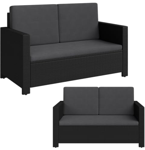 STEELSØN Elnath Gartensofa 2-Sitzer – Rattan Gartenlounge Schwarz/Anthrazit – Loungebett für Balkon/Garten/Terrasse – kleine Couch platzsparend – Outdoor Sofa Set mit Polster – Balkonmöbel wetterfest