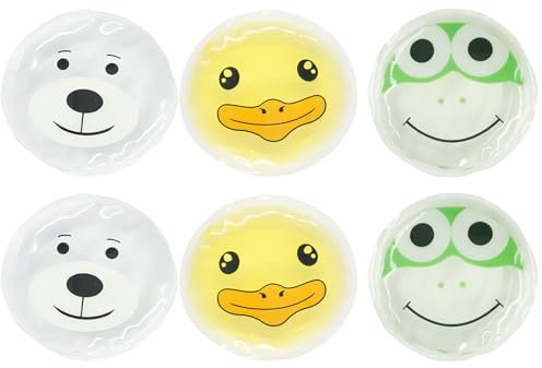 Cuscinetti refrigeranti per bambini, 6 pezzi, 7 cm x 7 cm, ghiaccio in gel con 3 diversi motivi di cartoni animati, ghiaccio riutilizzabile per febbre, lividi, urti, denti del giudizio e occhi stanchi