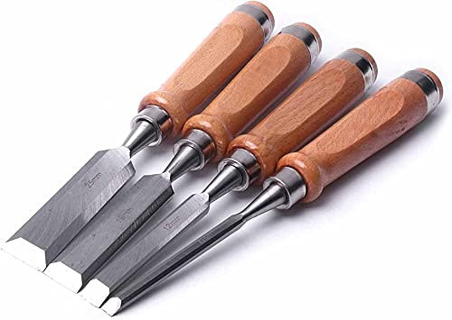 GZKDKZB Juego de cinceles para Madera, cinceles Resistentes de Acero al Cromo vanadio, Mangos de Madera de Haya, 6/12/19/25 mm, buril para Cuchillos de Tallado de Madera, 4 Piezas