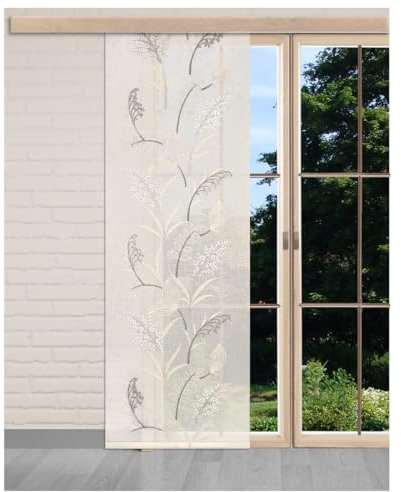Flächengardine Cecilia mit Gräsern Vogtländische Spitze | Schiebepaneele Pflanzenmotiv in natur | Flächenvorhang cremefarben halbtransparent | Schiebegardine Käseleinenoptik Höhe x Breite 253 x 70 cm