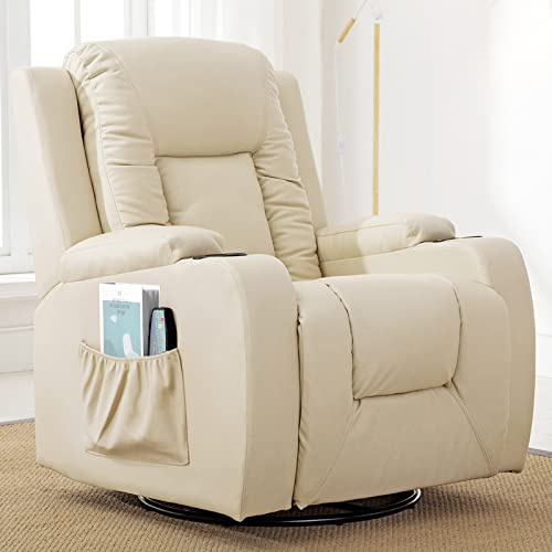LUCKRACER Fauteuil de relaxation avec fonction allongée et repose-pieds - Pivotant à 360° - Avec porte-gobelets et poche latérale - En cuir synthétique - Blanc
