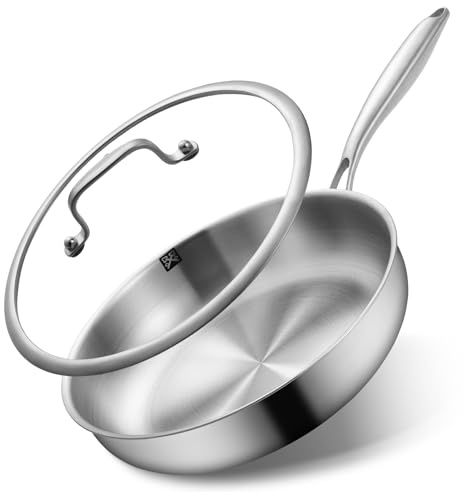 GOLDEN KEY 10 inch Tri-Ply 304 Stainless Steel Pan with Lid, Even Heating Non-toxic Skillet, Oven & Dishwasher Safe, Induction Ready, Ideal for Searing Meat & Fish, Sauteing, Frying (500°F)