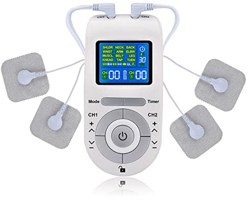 Matybobe Dispositivo Portatile TENS&EMS a Doppio Canale, Massaggiatore a Impulsi, Stimolatore Muscolare, 12 modalità di Massaggio, 40 Livelli di intensità, Timer Regolabile per Alleviare