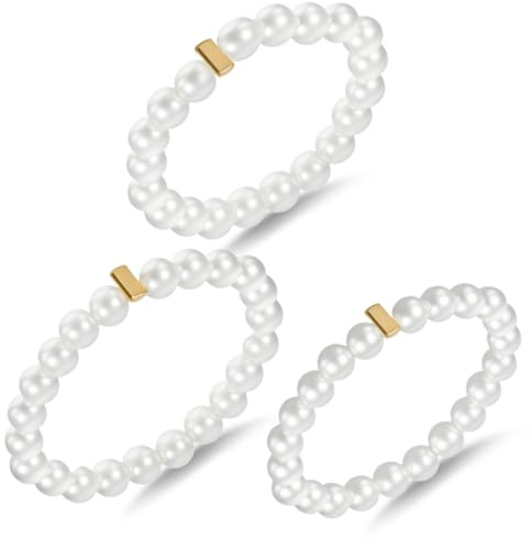 3 Pcs Vintage Pearl Rings Adjustable Thin Pearls Ring Dainty Stretch Beaded Stackable Rings Elegant Pearl Band Ring for Women Cute Pearls Knuckle Finger Wedding Prom Dress Jewerly White 3 Sizes