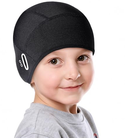 AYPOW Kids Winter Skull Beanie Hat Aged 5-14 Years, Windproof Warm Cycling Running Cap Thermal Fleece Lined with Ear Cover Fits Glasses, Winter Hat Helmet Liner Boys Girls for Skiing Outdoor Black