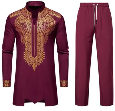 ZDSUHYIW Completo africano Dashiki da uomo Set di due pezzi Tradizionale Tribale Abiti Manica Lunga Camicia e Pantaloni Musulmani Arabo Medio Oriente Completo con Maniche Lunghe Islamico Completo, M