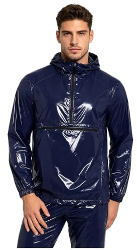 inhzoy Herr cykel regnjacka vattentät utomhus cykeljacka lack läder utseende huvtröja löpning fiske camping sweatshirt med dragkedja, Mörkblå, 3XL