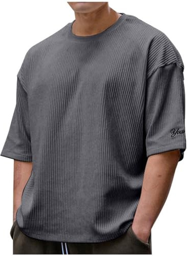 T-shirt oversize pour homme - En velours côtelé - Manches courtes - Col rond - Léger et aéré - T-shirt d'été décontracté - Tendance - Couleur unie - Grande taille - T-shirt de sport gaufré