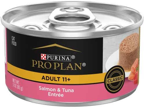 Purina Pro Plan Pate High Protein Senior Wet Cat Food, SENIOR 11+ Salmon & Tuna Entree - (Pack of 24) 3 oz. Pull-Top Cans