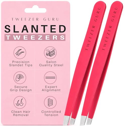 Tweezer Guru Tweezers for Women - 2pc Slant Pointed Precision Tweezers for Eyebrows & Ingrown Hair Removal - Blackhead and Splinter Tweezer with Sharp Needle Nose Point for Plucking (Bright Pink)