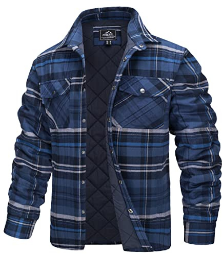 TACVASEN Padded Shirts Men Quilted Lumberjack Shirts Casual Plaid Flannel Jacket Long Sleeve Fleece Work Shirt with Pockets Blue Grey,S