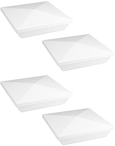 QWORK Vinyl Fence Post Cap, 4 Pack 4 x 4 PVC Square Fence Post Top Cover, New England Pyramid Style, for Mailbox, Lamp Post, Deck, Dock, Piling Caps, White
