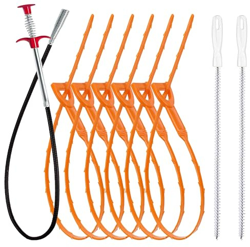 35.5inch Drain Clog Remover(1pcs), 25inch Drain Snake Hair Remover(6pcs) ＆ Cleaning Brush(2pcs), Hair Catcher Drain Auger Cleaner Tool Set for Toilet, Kitchen Sink, Bathroom Tub, Sewer, 9 Pack