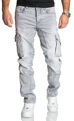 REPUBLIX Herren Cargo Jeans Regular Slim Denim Hose Destroyed R7977 Grau W29/L30