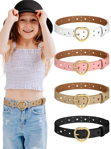 Newcotte 4 Pcs Girls Belt Size Aged 3-12 Kids PU Leather Waist Hollow Heart Design Kids Belts for Dress Pants Jean(Suit for Waist Size 22-26,Colorful)