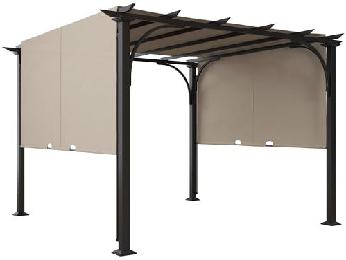 Outsunny 3 x 3(m) Garden Pergola, Outdoor Pergola Gazebo with Adjustable Canopy, Sun Shade Patio Canopy Shelter, Beige