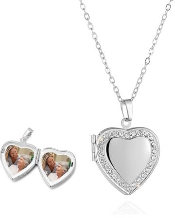 TJUSPIRIT Herz-Medaillon Foto Herzkette Damen Edelstahl Photo Bild Amulett Anhänger Medaillon zum Öffnen Halskette Charms Schmuck Geschenk für Damen Mädchen Mutter Tochter Freundin(Silber)