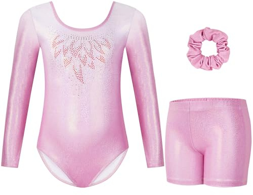 Gogokids Girls Three-Piece Gymnastics Leotards, Long Sleeve Gymnastics Set with Shorts and Hairband, Sparkling Ballet Dancing Unitards - Gymnastics Outfit with Gradient Color Design for 5-6 Years