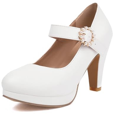 Mode Frauen High Heels Bogen Plattform Runde Zehe Pumpen Leder Sommer Süße Schuhe（White 6-2，41）
