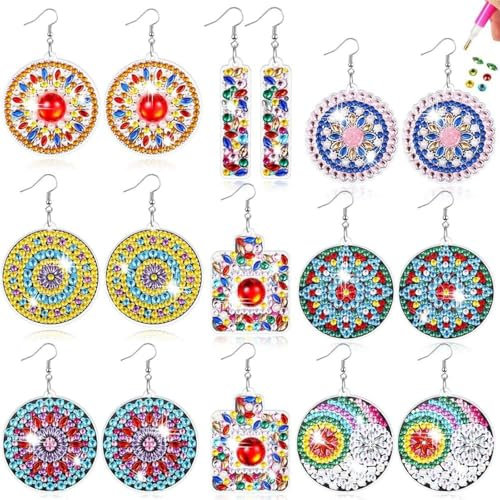 Diamond Art Painting Earrings, Mandala 5D Diamond Pasted Earrings Set, Boho Vintage Dangle Drop Earrings with Tool for Adults Vacation Jewelry Making-#09-Mandala