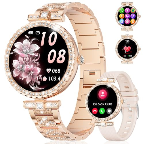 ESFOE Montre Connectée Femme Ronde,1,19 AMOLED Smartwatch Femme avec Appel Bluetooth, Fonction Féminine IP68 120+ Modes Sportifs Podometre Fitness Tracker, Diamond Montre Connectée Android iOS