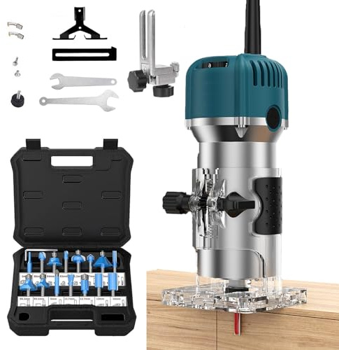 Wood Router Trimmer, Electric Hand Trimmer Wood Router,Woodworking Hand Router with Trimmer Base,Handheld Wood Compact Trim Router, Wood Trimmer Cutting with 15 Pieces 1/4 Router Bits Set
