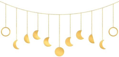 POELAND Guirnalda de Fases de la Luna, Guirnalda de Luna Dorada con Gancho, Cadena Decorativa de Madera e Hierro para Dormitorio, Hogar, Oficina, Habitación Infantil