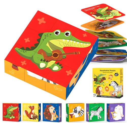 DxxD Puzzle Kinder ab 1 2 3 4 Jahren, 3D Bilderwürfel Holzpuzzle Holzspielzeug, Lernspielzeug kinderspielzeug ab 2 Jahre, 6 in 1 Tier-Motive Montessori Spielzeug Geschenk für Jungen und Mädchen