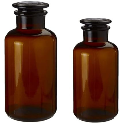 UNIQUE HOME LIVING Apothecary Jar Set of 2 Reagent Bottles, Amber Glass Storage Jars with Lid, Vintage Refillable Container for Herbs, Spices, Oils, Bath Salts, Lotion, Perfume - 1000ml & 500ml