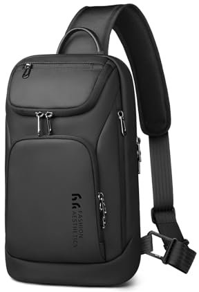 hk EDC Men's Chest Bag, Water-Repellent Shoulder Bag with Compartment for 9.7 Inch iPad Tablet, Lightweight Crossbody Sling Bag for Travel Hiking Work Outdoor Cycling- Black