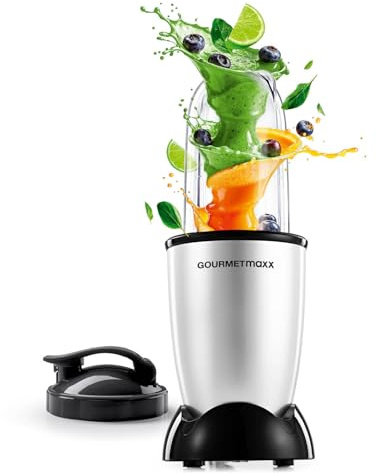 GOURMETmaxx Mr. Magic Mixer 4-tlg. | 400W Powerbase, Kreuzklinge, 500ml Becher & To Go Deckel | Smoothie Maker & Standmixer | Für Shakes, Dips, Soßen | Leicht zu reinigen | silber/schwarz