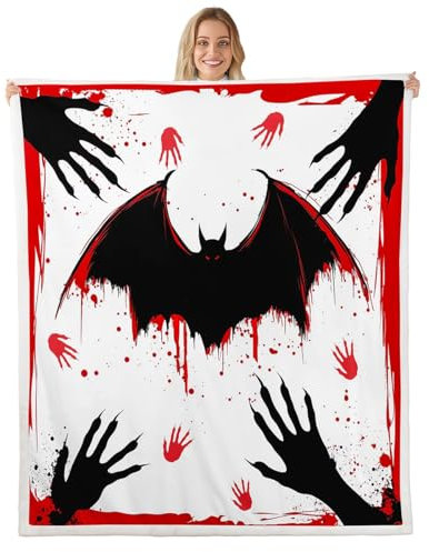 feelingyou Halloween Kinder Flanell Decke, Schwarze Fledermaus Fingerabdruck Gothic Stil Fuzzy Decke für Kinder, rote Blut Graffiti Krawatte Dye Polyester Wurf Decke für Couch, Twin Size
