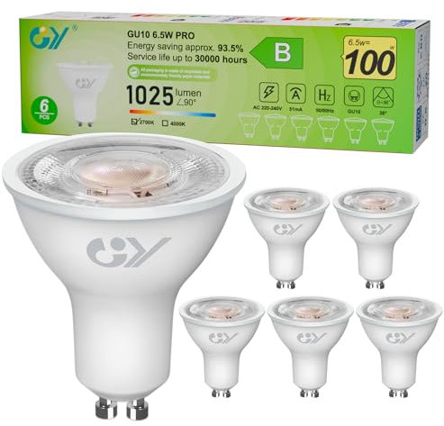 GY GU10 LED spot 6.5W bombilla led gu10, Blanco Cálido 2700K 1025 Lumen, 6.5W equivalentes a 100W, ángulo de haz 36°, bombilla bajo consumo,No Regulable,6 piezas