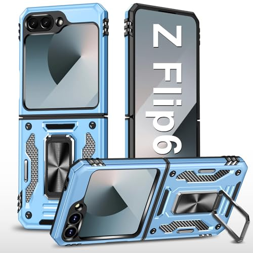 Mobiltelefonskal för Samsung Galaxy Z Flip 6, fodral med slide kamera med kameraskydd Galaxy Z Flip 6, skyddande fodral 360° vridbar metallring, stativ, stötsäkert för Samsung Z Flip6 5G (marinblå)